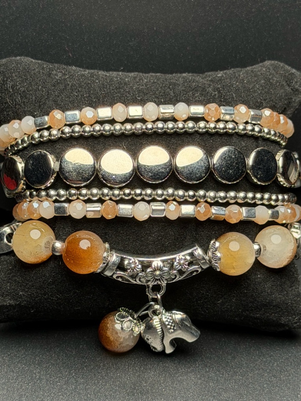 Cream/Brown Glass Beads and Crystals Multi-Strand Stacked Bracelets w/Elephant🐘